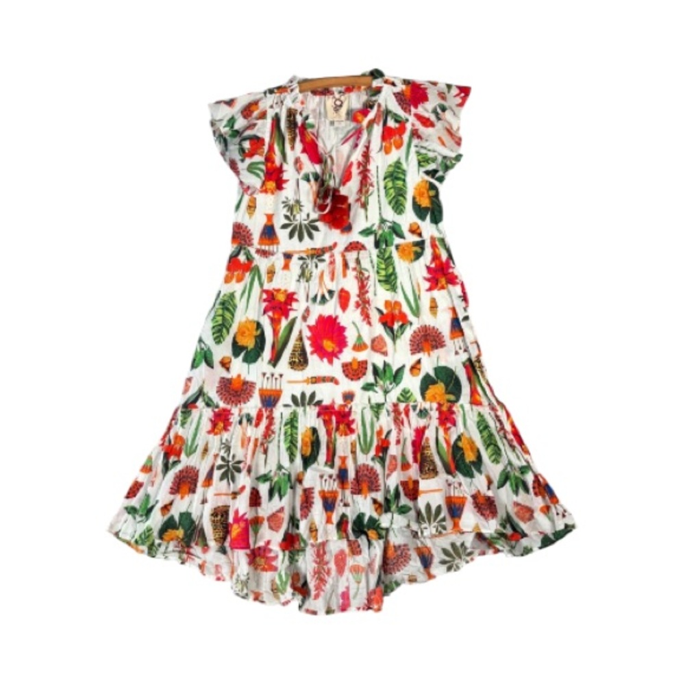 Figue Tropical Floral Print Tiered Ruffle Dress Cap Sleeves Size XS
